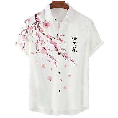 Japanische Ästhetik Kirschblüten-Print Herrenhemd Modisches Luxus-Revers-Button-down-Hemd Lässige Kurzarm-Tops