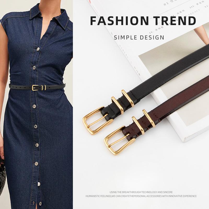 Square Pin Buckle Thin Belt for Female Students Versatile Jeans Simple Decoration High-end Cowhide Thin Belt for Women