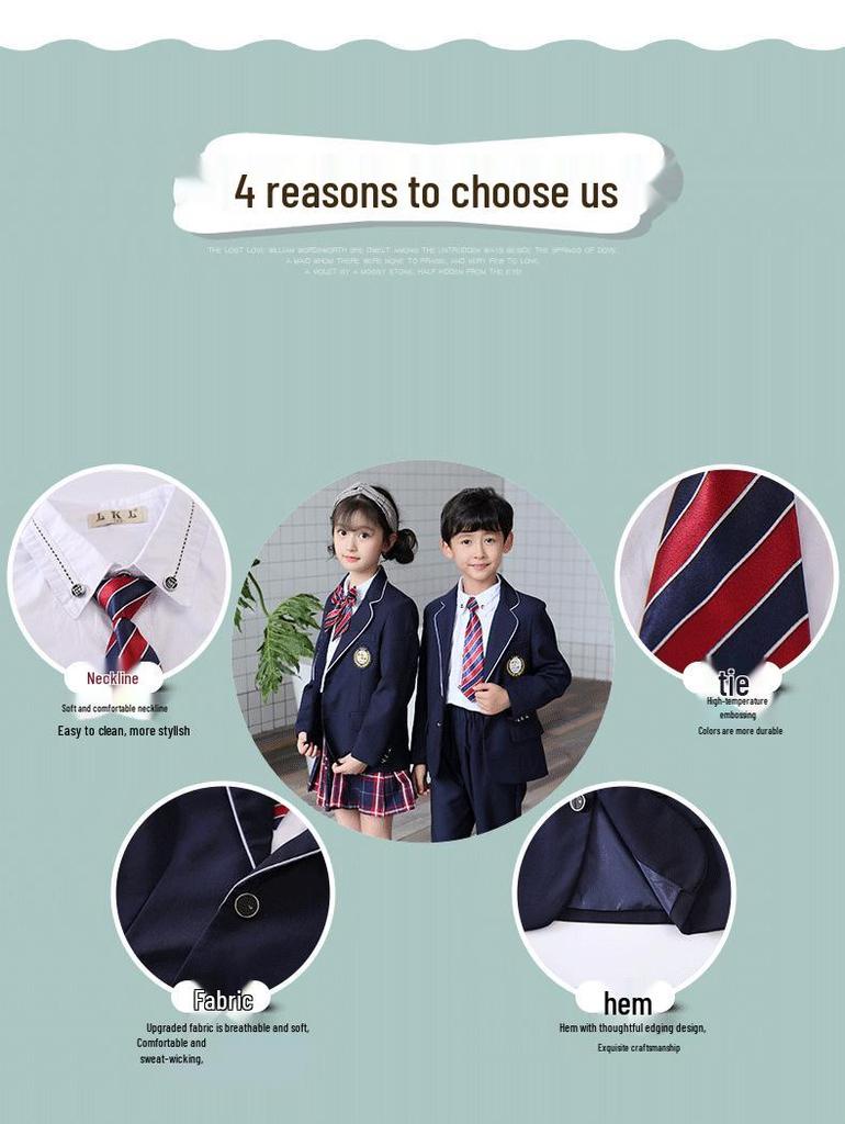 Spring & Autumn British-Style School Uniform Set - Children's Academy Blazer, Class, and Kindergarten Uniform, 4-Piece.