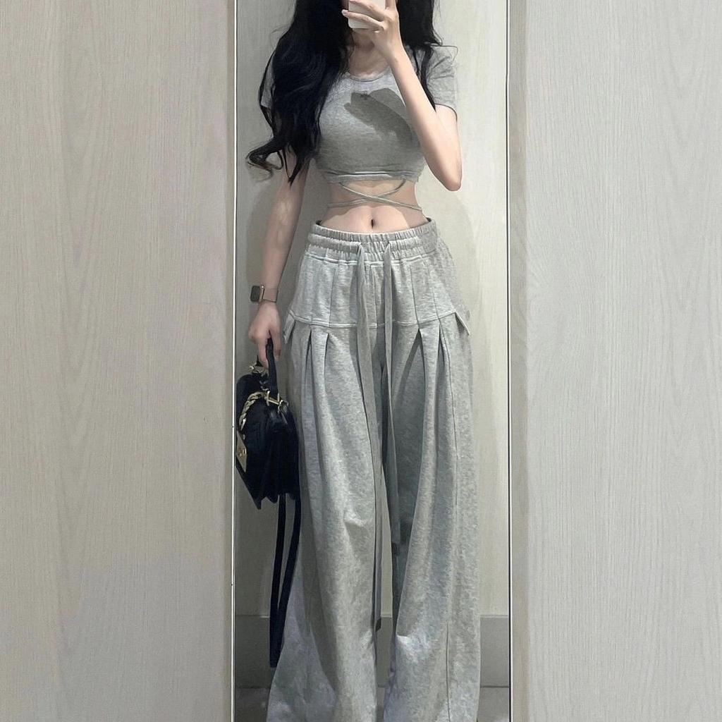 American Vintage Gray Casual Pants for Women Summer High Waist Drawstring Loose Drape Thin Wide Leg Pants