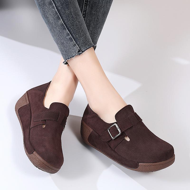 Women Leather Loafers Retro Walking Shoes Non-slip Platform Wedges Ladies 5cm High Comfortable Casual Shoes