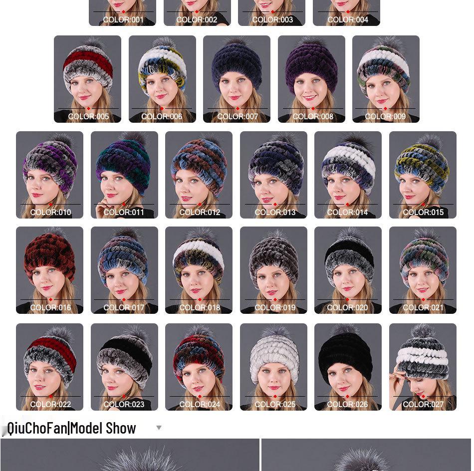 Women's Fur Hat with Rex Rabbit and Fox Fur Pompon for Autumn and Winter