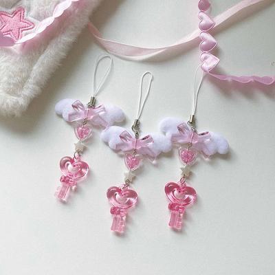 Cute Bowknot Phone Chain Sweet Cool Heart Wing Pendant Keychain Phone Lanyard Backpack Decoration Accessories Gifts