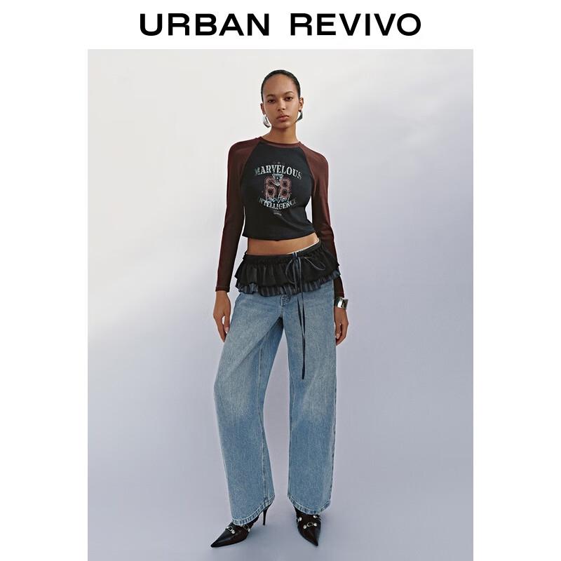 UR 2025 Autumn Women's Retro Print Colorblock Slim T-shirt