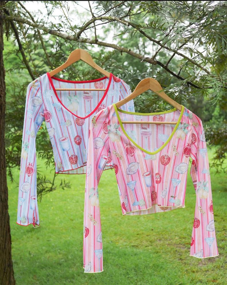 Retro Striped Women's Bikini Set with Sunscreen Long Sleeve Cover-Up