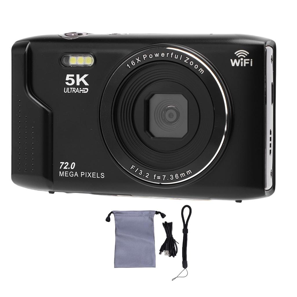 5K Retro Digital Camera 72MP 16X Zoom AF 2.8 Inch Screen WiFi Built in 32GB Memory Card UHD Camera for Travel Black 32GB