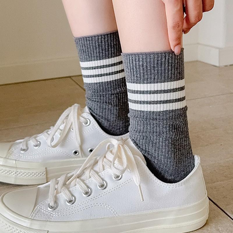 Double Needle Striped Socks Pure Cotton Tube Socks College Style Spring And Autumn Versatile Cotton Boneless Stacking Socks Women