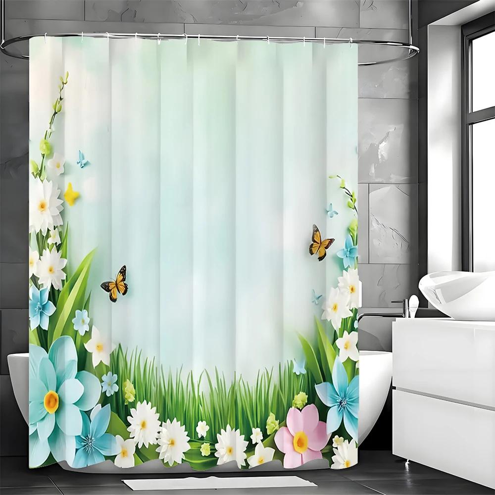 Zasłona prysznicowa z motywem kwiatów i trawy, dekoracyjna zasłona prysznicowa do łazienki, wodoodporna zasłona prysznicowa na haczyki