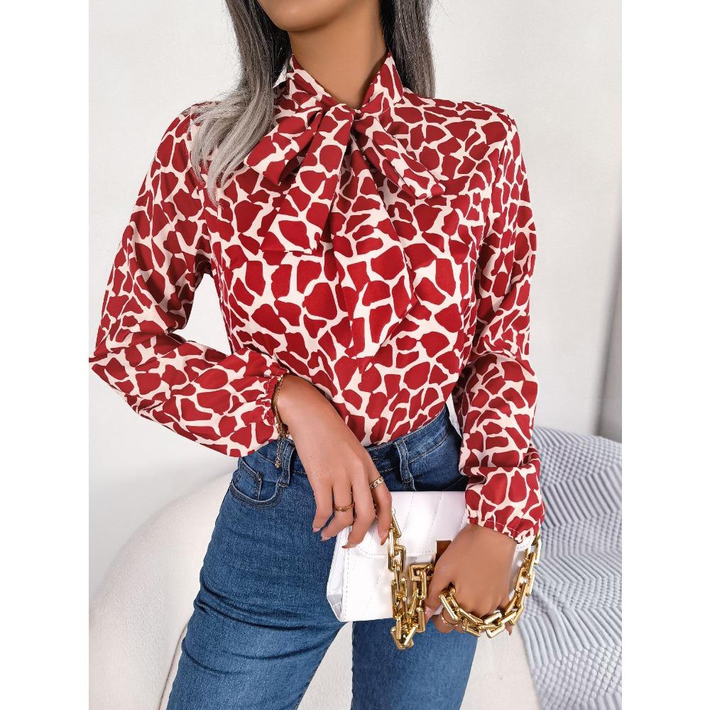 Spring and Summer Temperament Contrasting Color Lace-up Chiffon Top with Lantern Sleeves