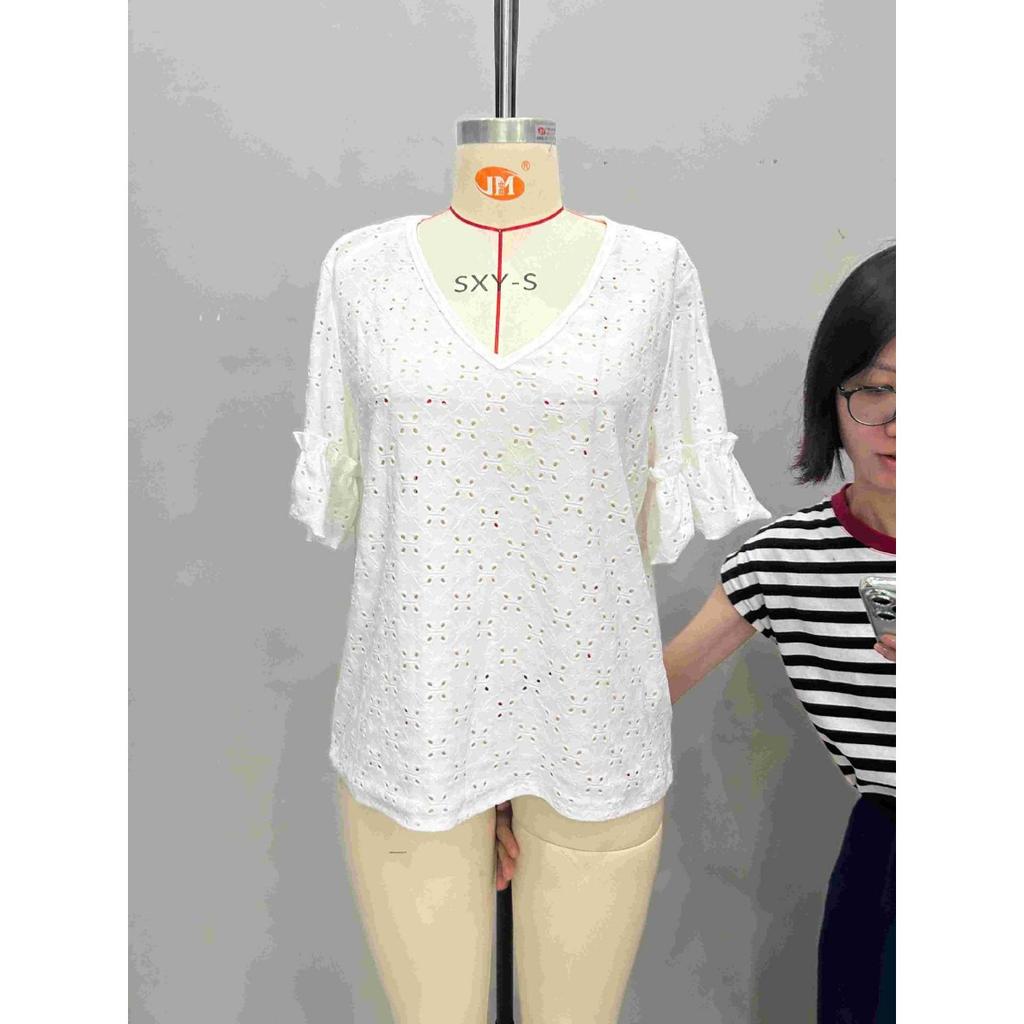 Women's Knit Embroidery Hollow Ruffle V-Neck Short Sleeve Top Women T-Shirt Women