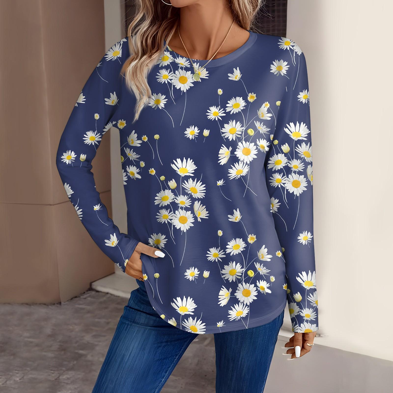 Женская мода повседневный топ с длинным рукавом с цветочным принтом и круглым вырезом — фото 5