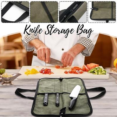 Kitchen Knife Roll Bag 4 Slot Chef Knives Storage Pouch Camping Picnic Portable Kitchenware Canvas Carry Case (No Knife)