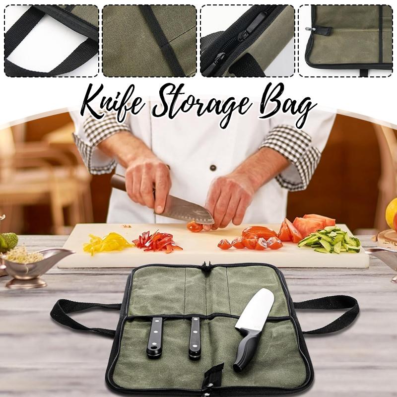 Portable Canvas Chef Knife Storage Bag With Zipper Organizer Waterproof Outdoor Picnic Handheld Knife Storag Pocket Roll Up
