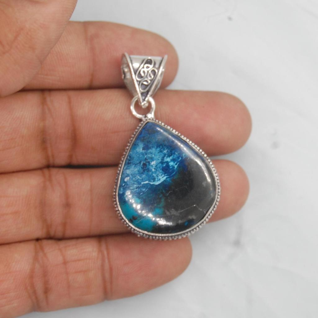 Green Black Azurite Chrysocolla 925 Sterling Silver Pendant Jewelry, Boho Style Chrysocolla Handmade Pendant