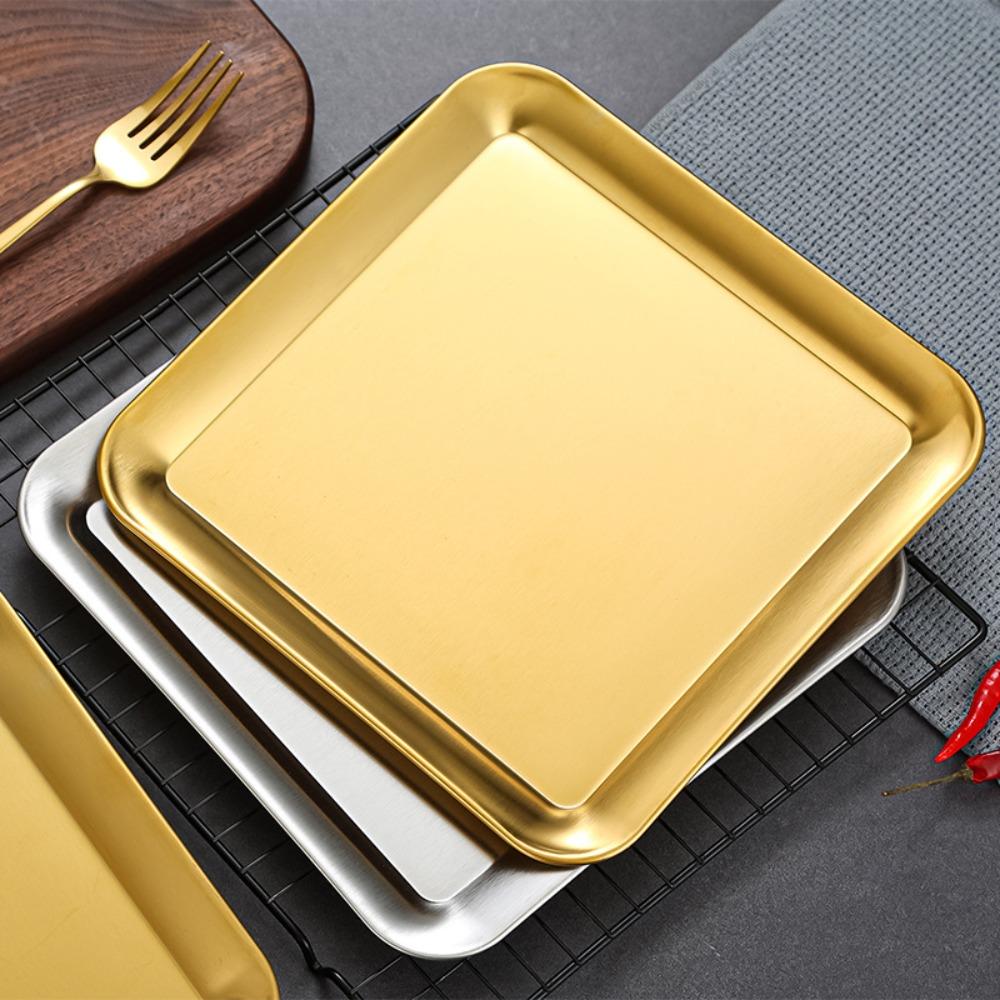 Luxury Square Serving Tray Stainless Steel Thicken Coffee Tray Serving Platters Cafe Restaurant