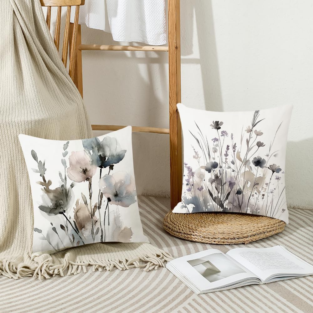 4Pcs Watercolor Floral Wildflower Ink Wash Printed Pillow Cover Polyester Cushion Case 2D Flat Printing Pillowcase Zen Vibe