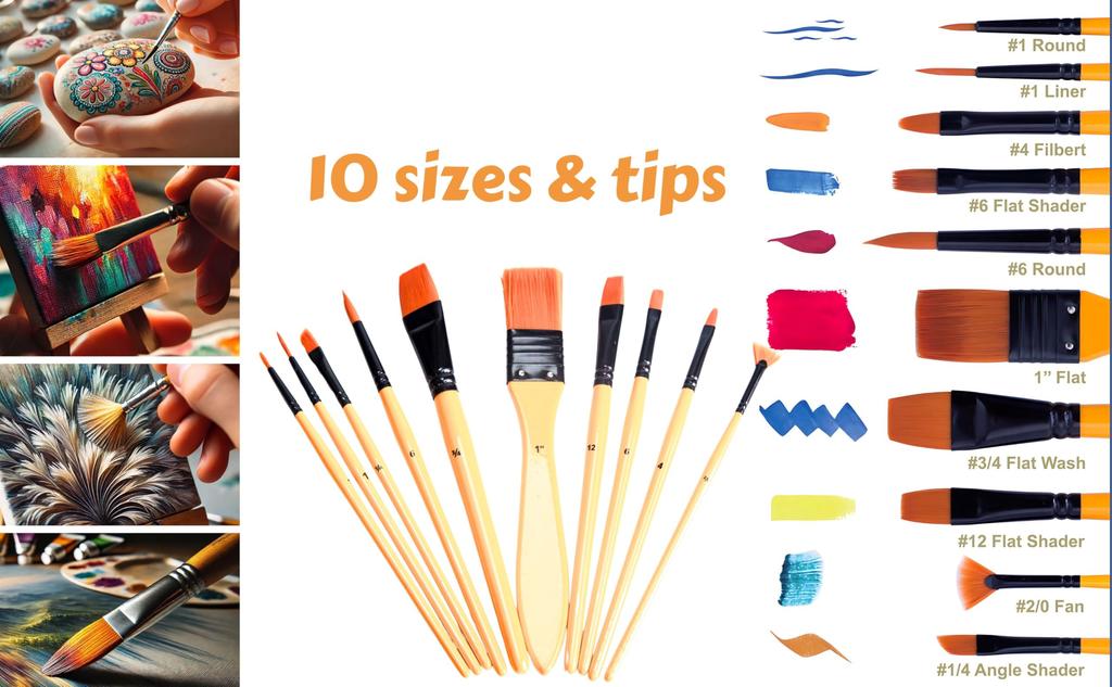 Exerz Acrylic Paint Brush Set 10 Pcs Synthetic Hair Artist Professional Brushes In a Travel for Acrylic Watercolor Gouache Face Paint Case/Perfect &