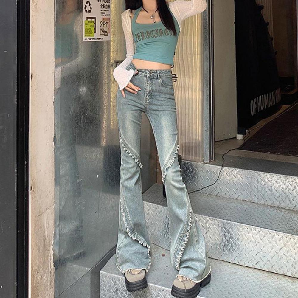 

Персонализированные микро-пулл джинсы женские весенне-осенние новый дизайн нишевые универсальные с необработанным краем с высокой посадкой расклешенные брюки тренд XL