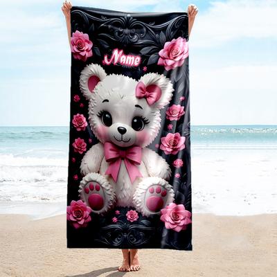1PC Custom Name Pink Bow Teddy Bear Beach Towel Highly Absorbent And Sand-Resistant Towel for Swimming, Pool, Yoga, And Travel Lightweight