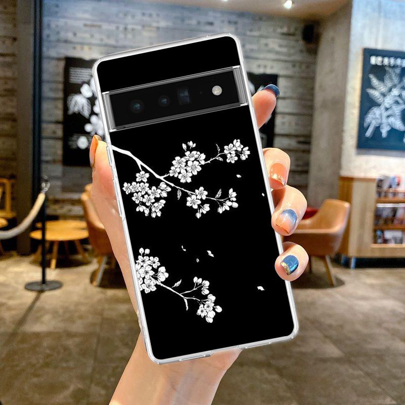 Black Flower Phone Case Cover for Google Pixel 9 8 7 6 5 4 XL Shockproof Silicone 7A 6A 5A 4A 3A XL Pro 5G Transparent Shell Bag Pixel 8