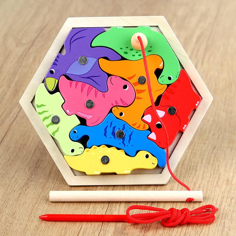 

Wooden Hexagon Puzzle With Animal And Transport Designs For Early Learning Kids Dinosaur