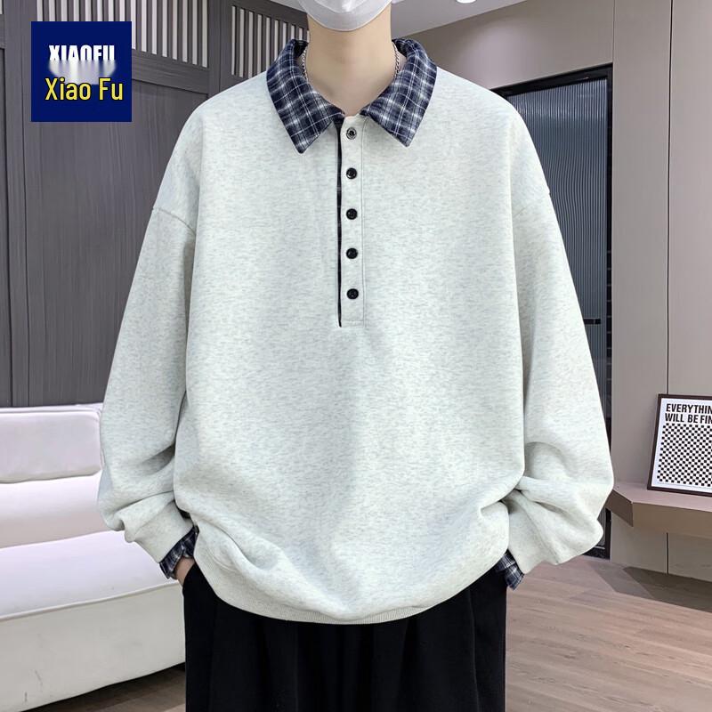 Men s Loose Fit Plaid Patchwork Polo Sweatshirt M