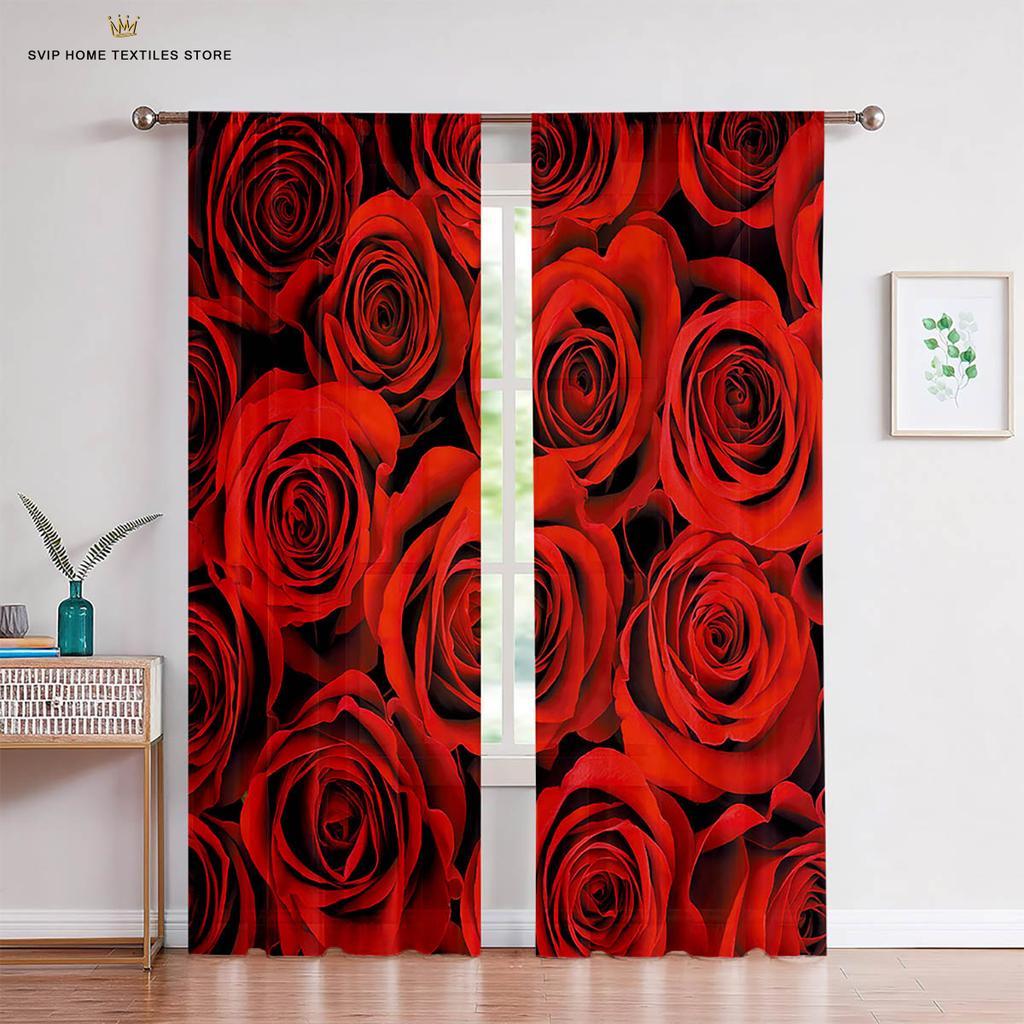 Red Retro Rose Flower 3D Printed Curtains, Suitable for Bedroom, Living Room, Balcony, Kitchen, Decorative, Easy to Wash