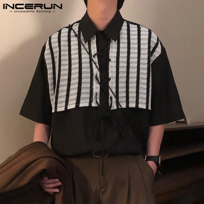INCERUN Herren Reverskragen Kurzarm Gestreift Spitze Patchwork Lässig Oversized Hemden