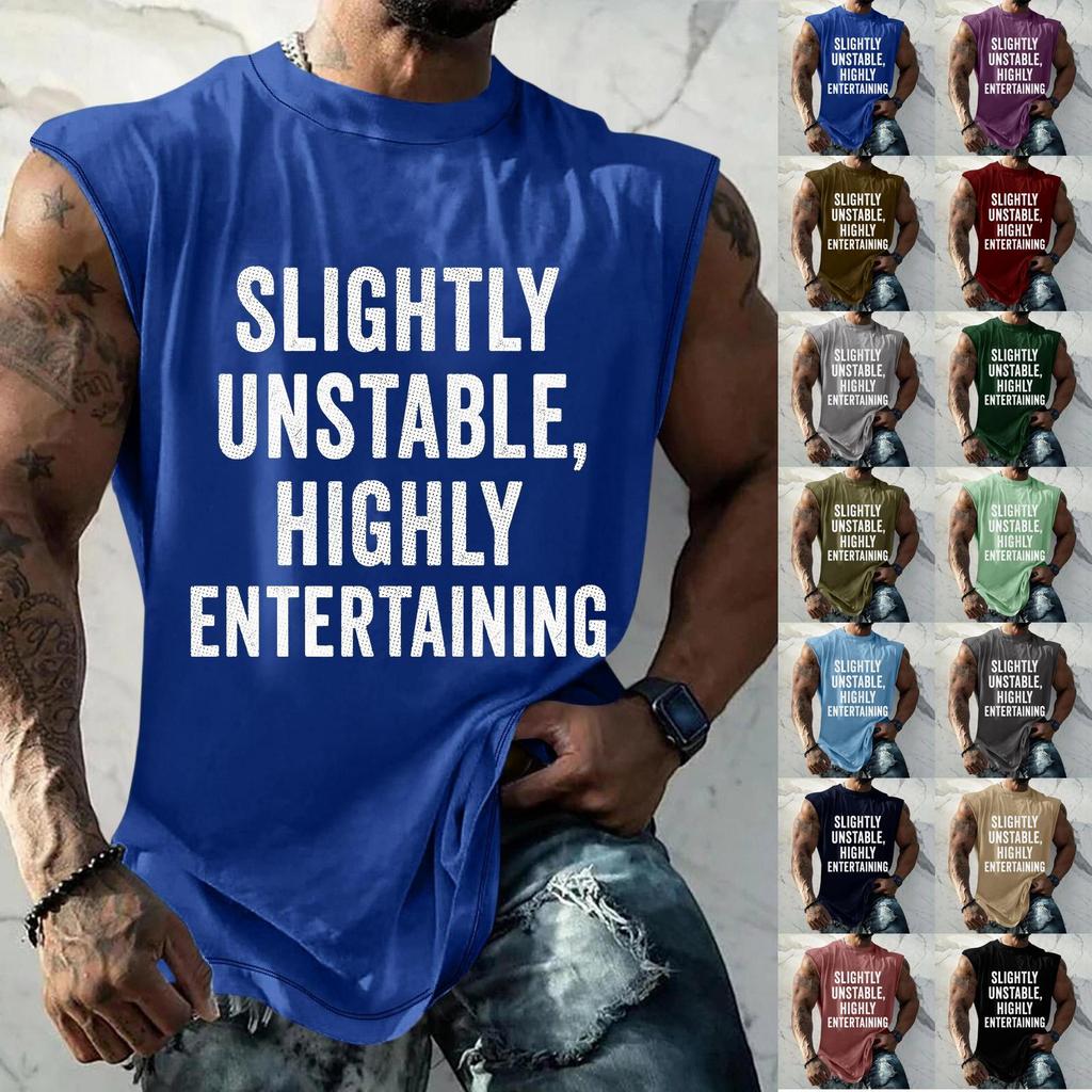 Men’s Sleeveless Casual Loose Fit T Shirt with Slightly Unstable Highly Entertaining Graphic Print Crew Neck Top