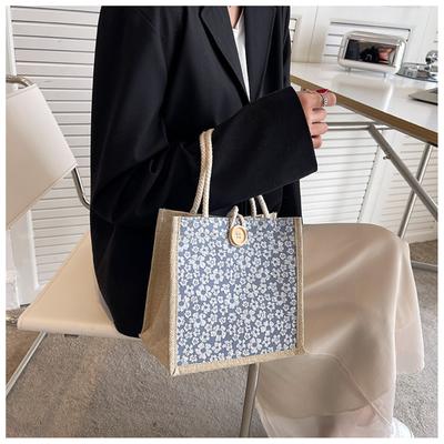 Stylish Tote Bag Floral Pattern Button Zipper Linen Handbag Grocery Bag Portable Shopping Bag Versatile Women Bag