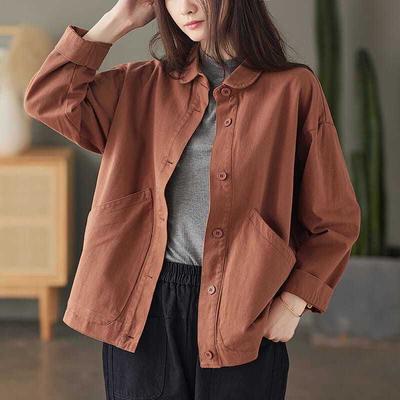 Cotton Jacket Women's Autumn Retro Twill Cotton Solid Color Large Pocket Single-breasted Loose Casual Top