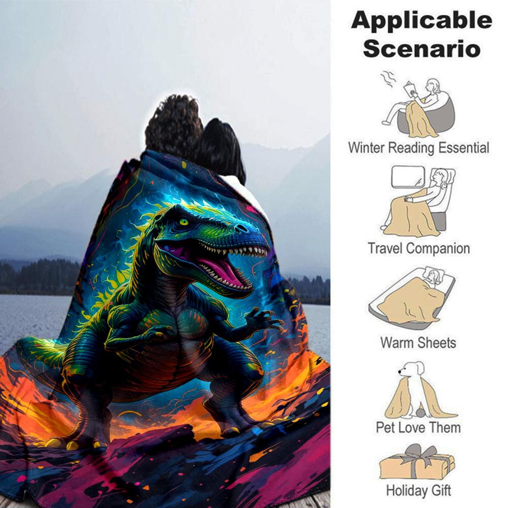 Neon Colorful T‑Rex Dinosaur Fantasy Art Print Flannel Blanket Soft Warm Throw Blanket for Sofa Bed Living Room