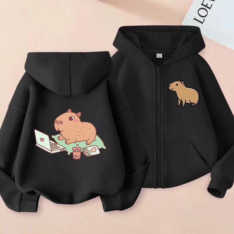 Cute Capybara Graphic Zip Hoodie for Girls Kids Cartoon Animal Print Long Sleeve Hooded Jacket With Pocket Loose Daily Outfit