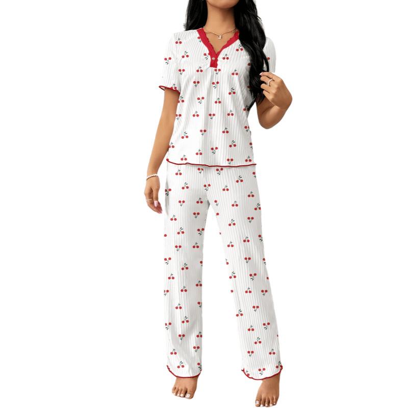 Fashion Women's Two-piece Loungewear Set, Printed Short-sleeve Top & Full-length Pants, Comfortable Sleepwear for Everyday & Relaxation