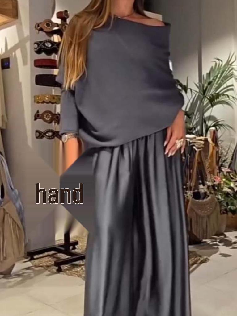 Autumn/Winter 2025 Off-the-Shoulder Satin Top & Wide-Leg Pants Two-Piece Set