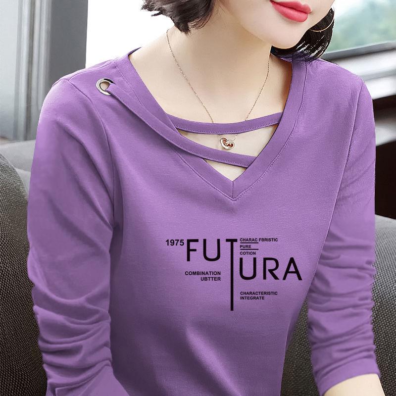

Women s V-Neck Pure Cotton Long Sleeve T-Shirt - 2024 Spring/Autumn Loose Fit Fashion Top 3XL