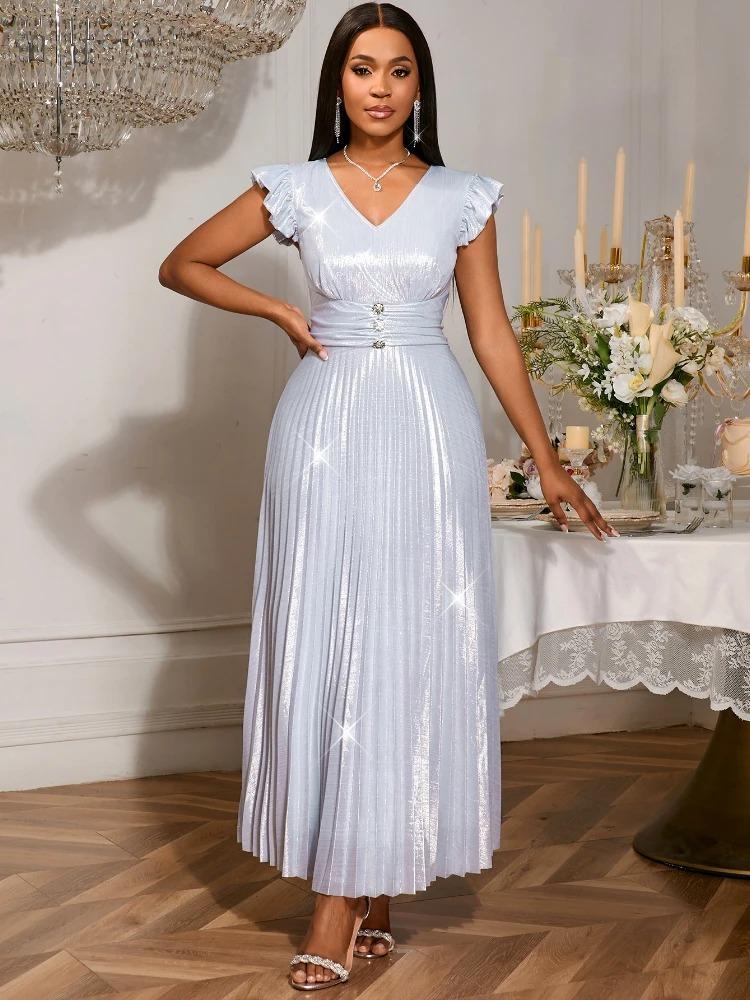 

Серебристые Длинные Платья V-образный вырез Без рукавов А-силуэт Плиссированные До щиколотки Вечернее Свадебное Гостевое Коктейльное Металлическое Платье для Дам XXL серебряный