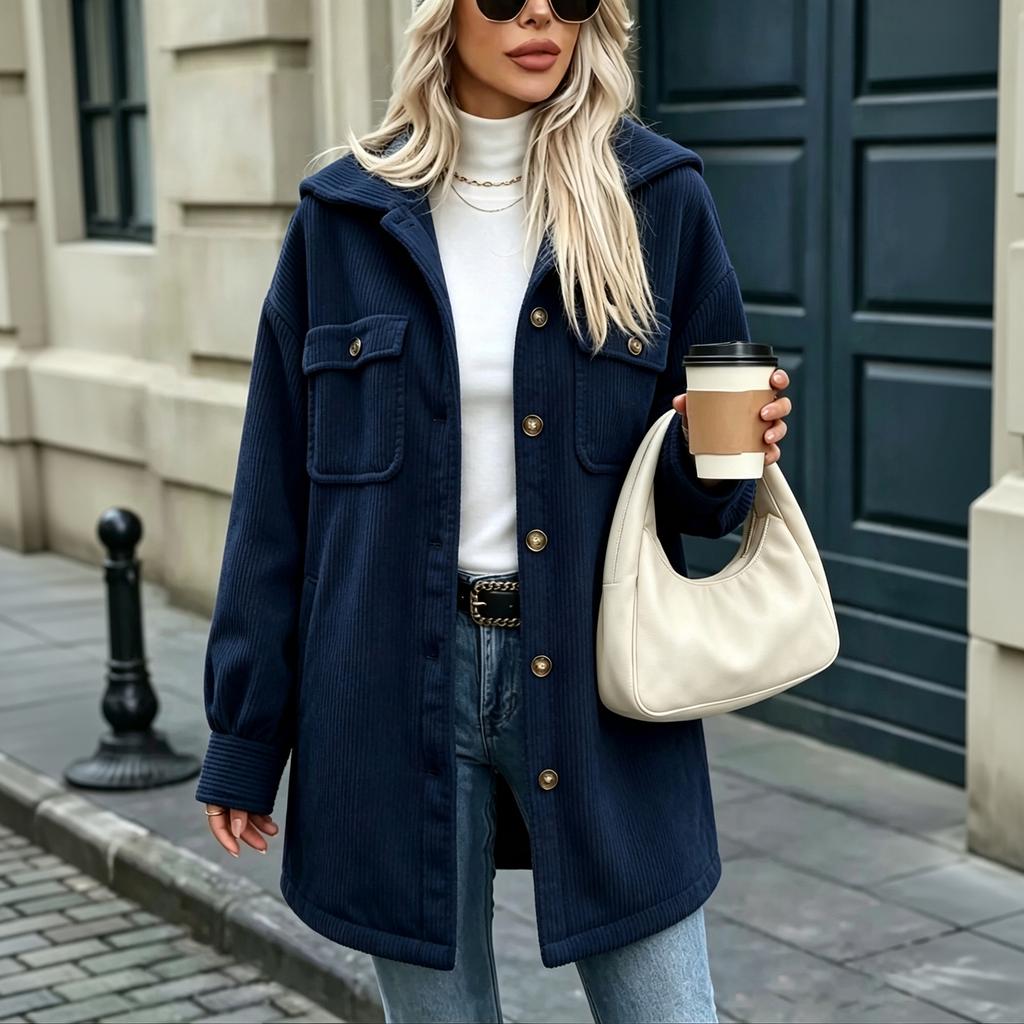 Giacca Cardigan da Donna con Cappuccio in Velluto a Coste Manica Lunga Monopetto con Tasche per Autunno Inverno