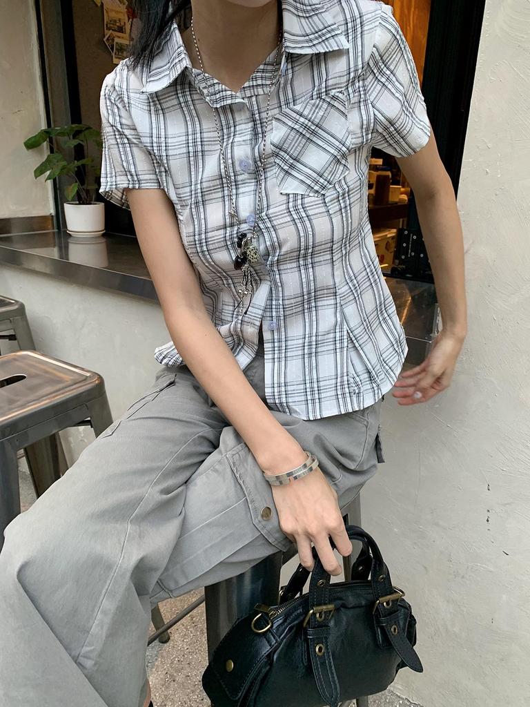 9hour Damen High-End Karohemd im koreanischen Stil, Frühling/Sommer 2026, Seitlicher Kordelzug zur Taillenbetonung, m3889