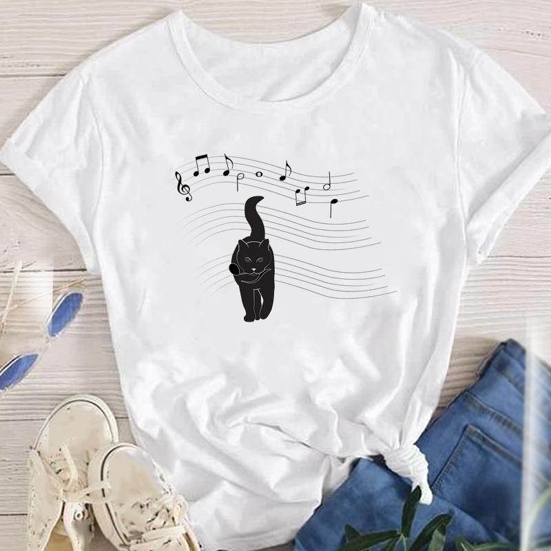 Fashion Cartoon Cat Plant Casual New Lovely Tees Women Short Sleeve Lady Female Graphic Tops Clothes Print Tshirt TShirt