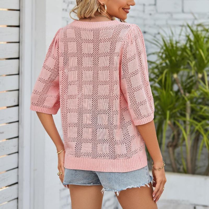 Neuer Sommer Damen Rundhals Hohl Sonnenschutzkleidung Gestrickter Pullover Bluse