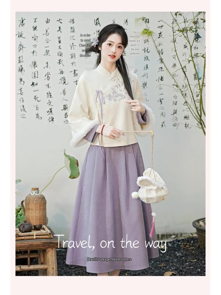 Autumn & Winter Retro Embroidered Deerskin Tang Suit: Women’s Improved Hanfu Tea Suit