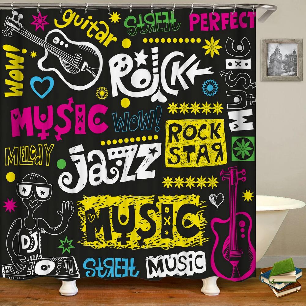 Music Rock Guitar Shower Curtains Modern Bathroom Curtains 3D Printed Decoration Waterproof Cloth With 12 Hooks Bath Curtain