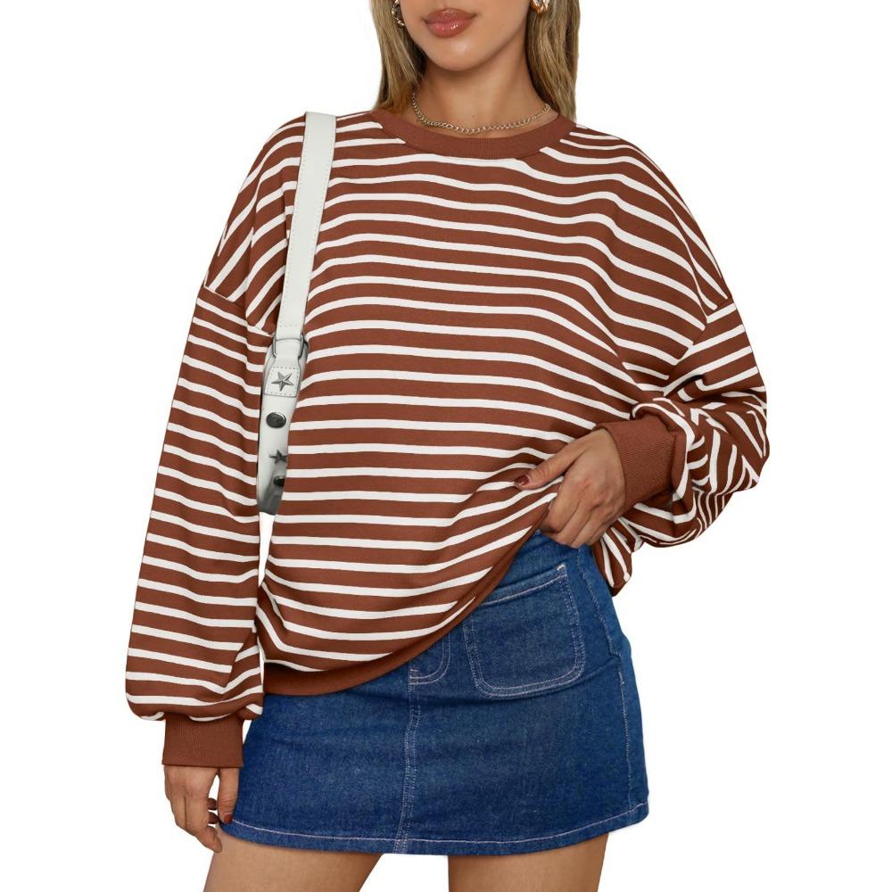 Autumn and Winter Colorful Striped Round Neck Loose Sweatshirt for Women
