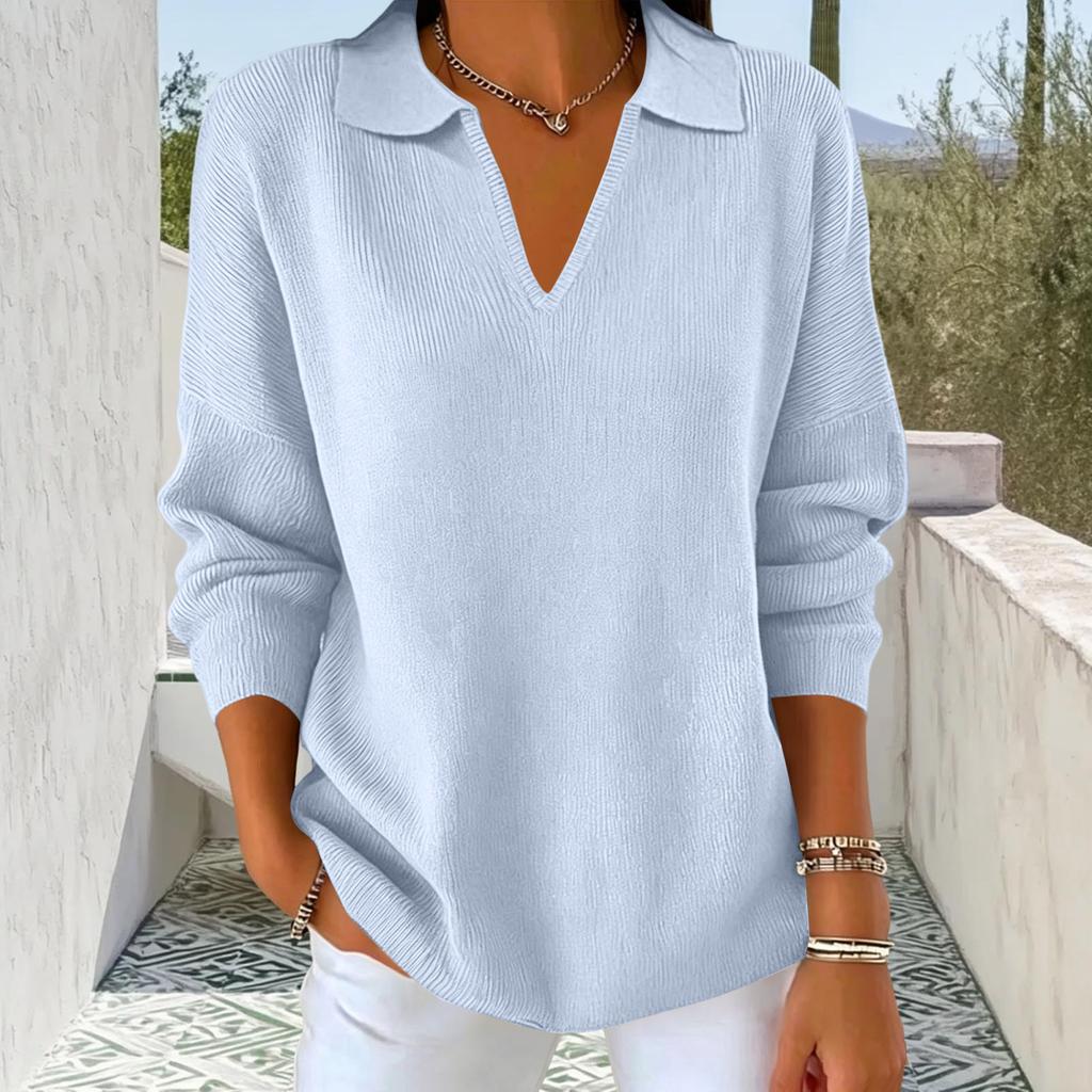 Women's Casual Knit Sweater with Lapel Collar Long Sleeve Color