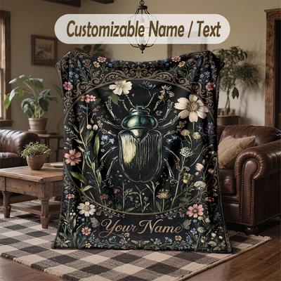 Beetle Floral Garden Theme Throw Blanket Custom Name Text Personalized Blanket Soft Cozy Blanket for Home Sofa Bed