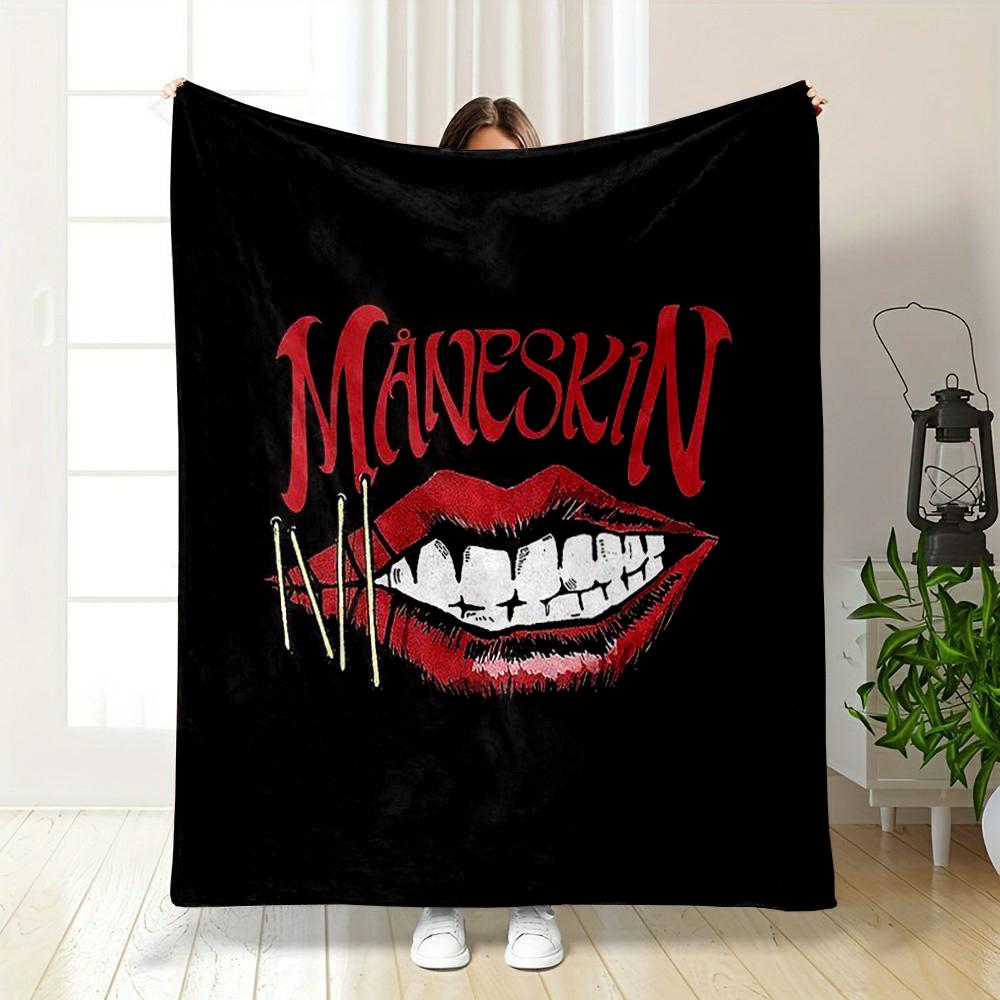 Red Lips Bite with Måneskin Logo Printed Flannel Blanket for Bedroom, Living Room, Sofa, and Nap