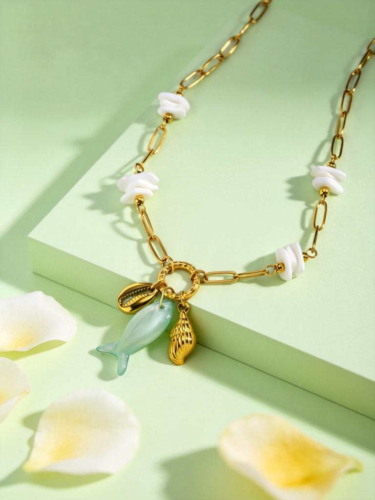 Stainless Steel Paperclip Chain Necklace for Women,Ocean Style Fish Shell And Conch Pendant Necklaces,Vintage Jewelry Gift