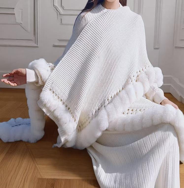 2025 Winter Handmade French-Style Knit Shawl for Travel Photography белый