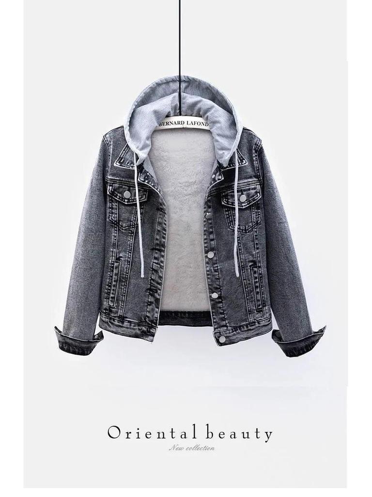 Women's Winter Slim Denim Jacket with Lambswool Lining - Stylish, Versatile Korean Style Coat
